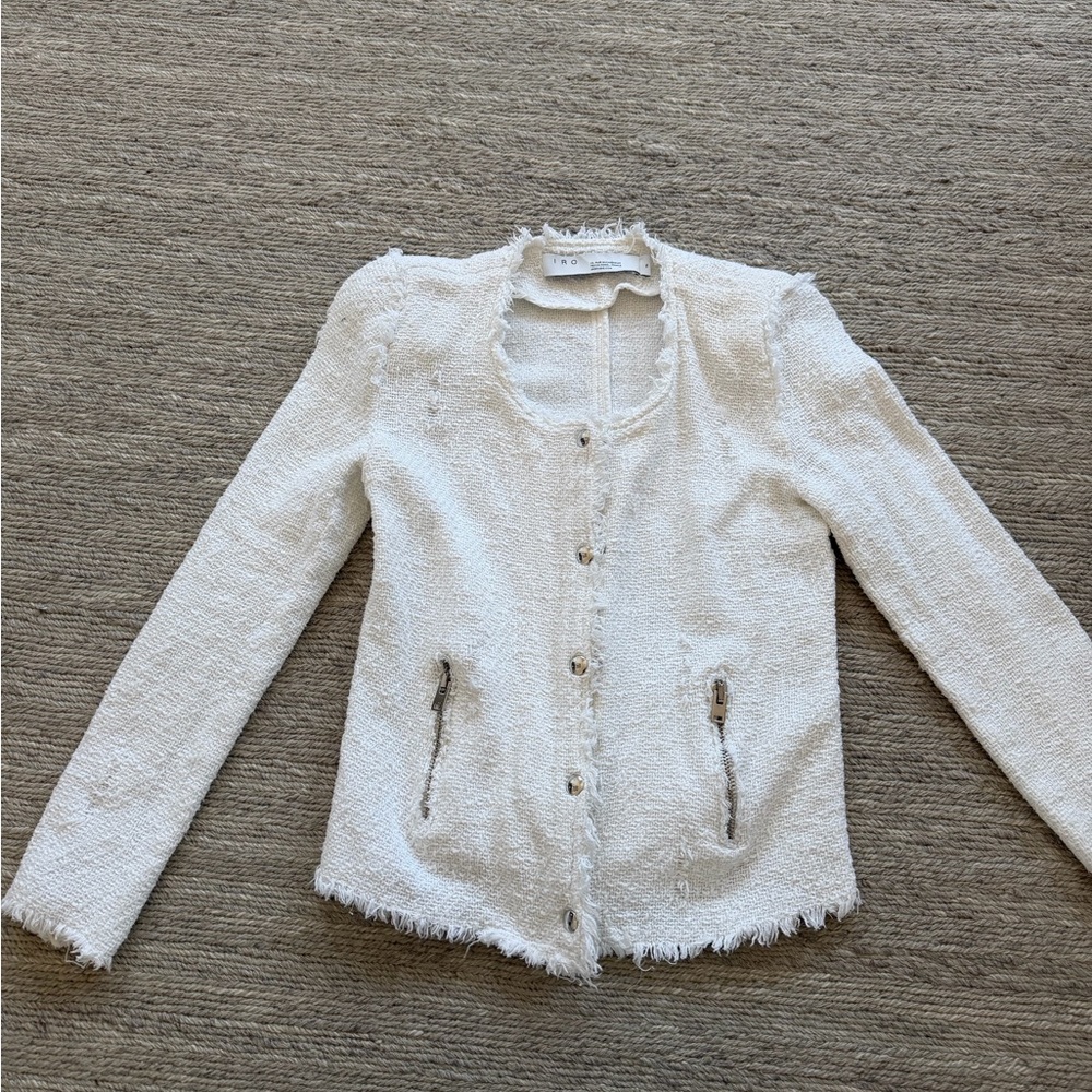 IRO Agnette distressed tweed moto jacket in ivory, French size 36—(US size 4)